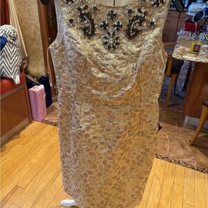 Dolce & Gabbana Gold Floral Brocade Midi Dress with Jeweled Neckline